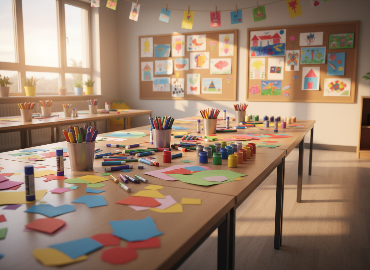 A long wooden craft table in a bright classroom, covered with colorful paper shapes, markers, glue sticks, glitter tubes, and neatly arranged paint pots, all clearly visible in photographic detail. In the background, cheerful drawings and collages are pinned to soft cork boards and hanging from strings with tiny clips. Soft afternoon sunlight enters through large windows, casting warm, gentle highlights on the glossy paper and faint shadows on the light laminate floor. Photographed at eye level with a slight angle down the table, creating a sense of depth. The mood is playful, creative, and welcoming, ideal for a children’s activity hub. The style is vibrant photographic realism with sharp focus in the foreground and a softly blurred background for a lively yet clean composition.