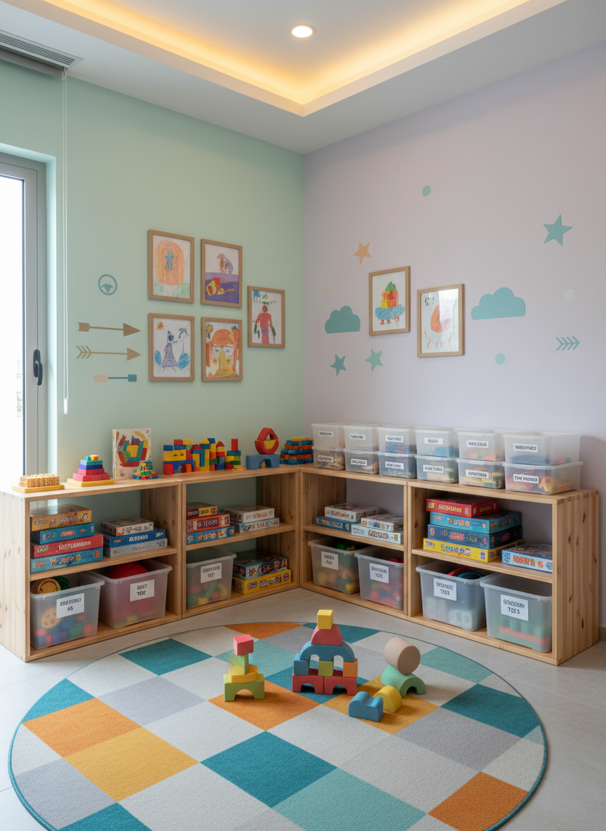 A cozy activity corner in a modern KΔΑΠ space, featuring low open shelves packed with board games, colorful puzzles, building blocks, and neatly labeled storage bins. In front of the shelves sits a large circular rug with a bright geometric pattern, scattered with a few building creations and soft foam shapes. The walls are painted in pastel tones, decorated with framed children’s artwork and simple, abstract decals. Natural daylight streams through an unseen window, combined with warm ceiling lights, creating an inviting glow. Shot from a slightly elevated, wide-angle perspective to show the whole corner, with sharp focus throughout. The atmosphere is friendly and organized yet playful, captured in clean, realistic photography to represent a well-equipped children’s activity space.