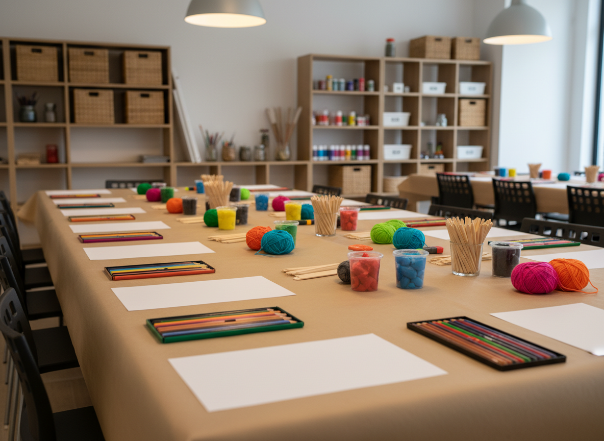 A large shared table prepared for a creative workshop, set in a modern, open KΔΑΠ room. The tabletop is lined with protective paper, and on top sit neatly arranged sets of colored pencils, modeling clay in small open containers, wooden craft sticks, and colorful yarn. At each place, a blank white cardboard sheet lies ready, with no text or drawings. In the softly blurred background, open shelving with baskets and art supplies adds context. Overhead pendant lights cast warm, even light, producing soft shadows that emphasize the textures of clay, paper, and wood. Shot from a side angle at table height, with a shallow depth of field focusing on the nearest materials. The mood is inviting and collaborative, in vibrant, realistic photographic style.