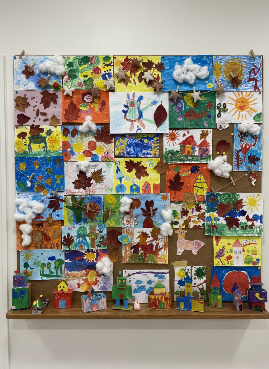A wide bulletin wall in a children’s education center, entirely covered with vivid handmade creations: collages with textured paper, cotton clouds, dried leaves, bright tempera paintings, and simple three-dimensional cardboard constructions resting on a narrow shelf below. Small, colorful clothespins hold artwork on strings, and a few decorative garlands add extra playfulness. Soft, diffused overhead lighting evenly illuminates every detail, minimizing harsh shadows and enhancing the rich colors and textures of paint, paper, and natural materials. Photographed straight on at eye level, with a balanced, slightly wide composition that fills the frame with creative work. The mood is celebratory and proud, like a gallery of children’s achievements, rendered in crisp photographic realism that highlights the variety of materials and the joy in every piece.