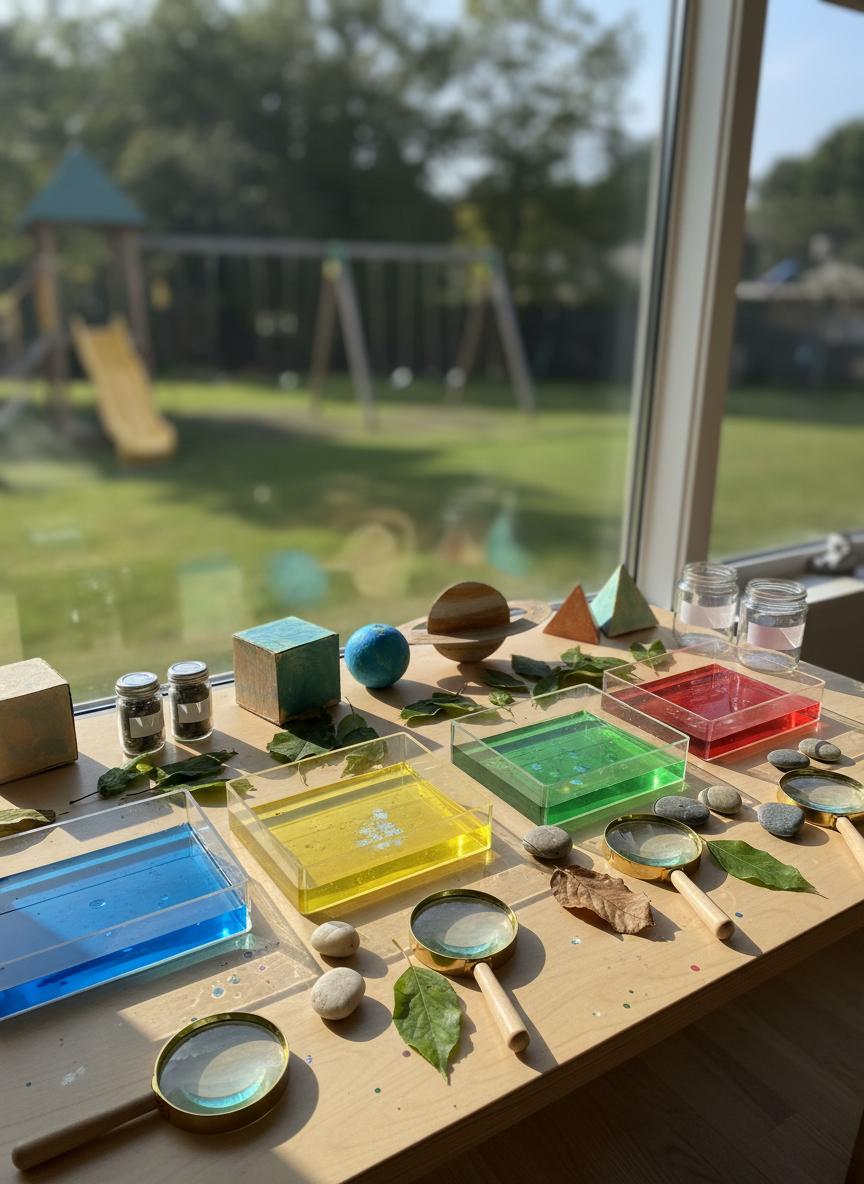 A sunlit art-and-science exploration table set near a large window, featuring transparent trays of safe colorful liquids, magnifying glasses, smooth pebbles, leaves, and simple cardboard models of planets and shapes. The table surface is light wood, with small, clearly visible splashes of color and a few neatly labeled jars indicated only by blank stickers. Beyond the window, soft-focus greenery suggests an outdoor playground. Late-morning natural light streams in, creating sparkling reflections in the liquids and gentle shadows from the magnifying glasses. Photographed from a three-quarter overhead angle, the composition emphasizes both the materials and the inviting setting. The atmosphere is curious, imaginative, and playful, presented in bright, clean photographic realism to showcase hands-on discovery activities for children.