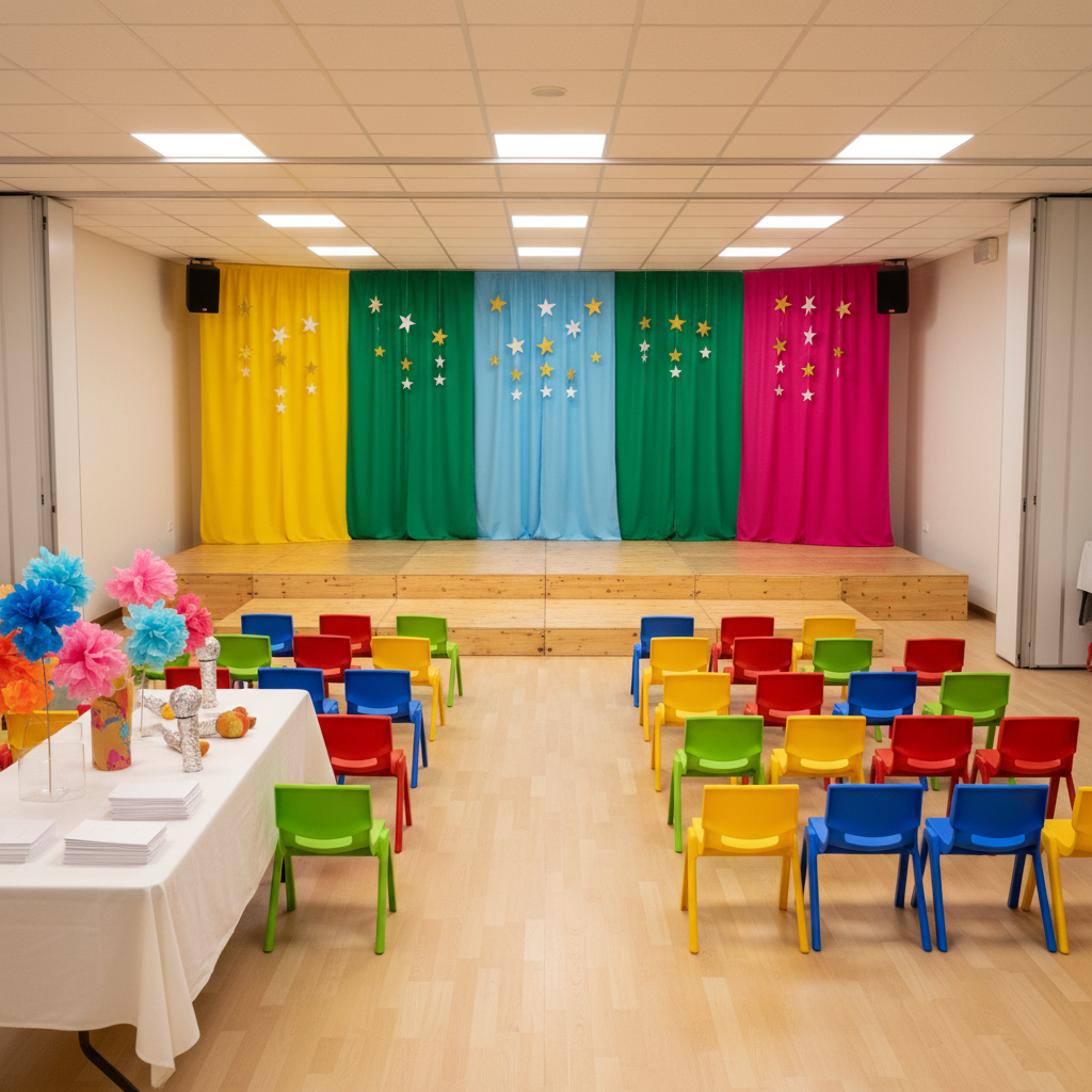 An indoor mini-event setup in a multipurpose room, with a low stage area made from light wooden platforms and a simple backdrop of large colored fabric panels and paper stars. In front of the stage, rows of small, stackable plastic chairs in mixed bright colors are neatly arranged. Off to one side, a table holds stacks of handmade programs represented by blank, folded paper and a few decorative props like paper flowers and cardboard microphones. Warm, even overhead lighting creates soft, welcoming shadows and emphasizes the cheerful colors. Captured from the back of the room at a slightly elevated angle, the composition leads the eye toward the stage. The mood is festive and anticipatory, in realistic photographic style, ideal to represent celebrations and performances at a children’s activity center.