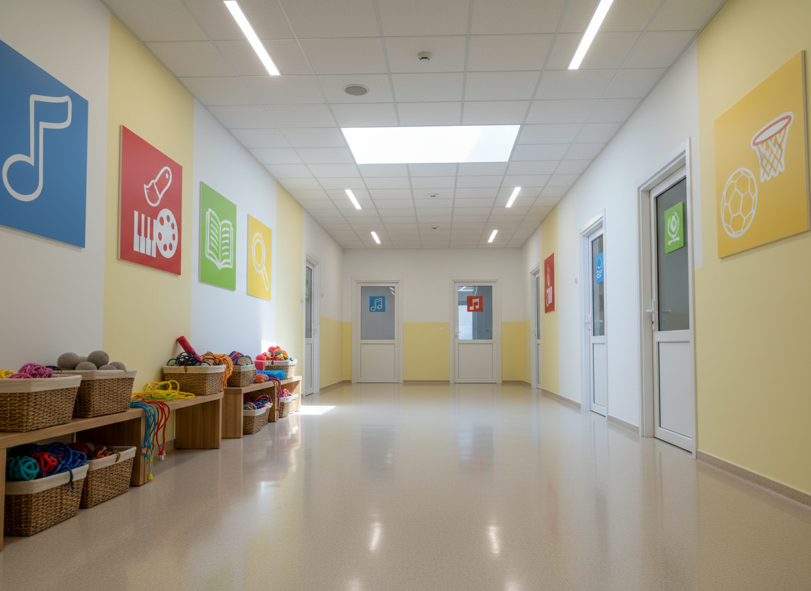 A bright hallway of a KΔΑΠ center, with doors leading to different activity rooms. The walls are painted white and light yellow, decorated with large, colorful poster-style panels showing simple icon-like representations of music, art, reading, and sports instead of text. Along one wall, low benches hold baskets of balls, jump ropes, and soft play equipment. Ceiling-mounted LED lights provide even, neutral illumination, while a small skylight adds a touch of natural light, creating soft, elongated shadows on the polished floor. Captured from a low eye-level, looking down the corridor to give a sense of depth and space. The mood is safe, organized, and full of possibilities, rendered in clear photographic realism suitable for presenting the center’s environment.